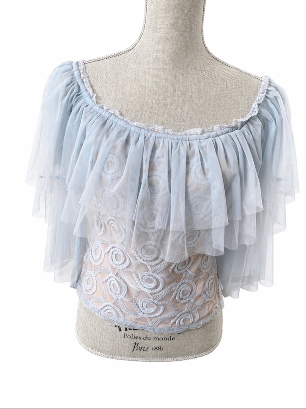 VENUS Off Shoulder Sheer Lace Top Blue Ruffle Boho Romantic Size Medium - Picture 2 of 10